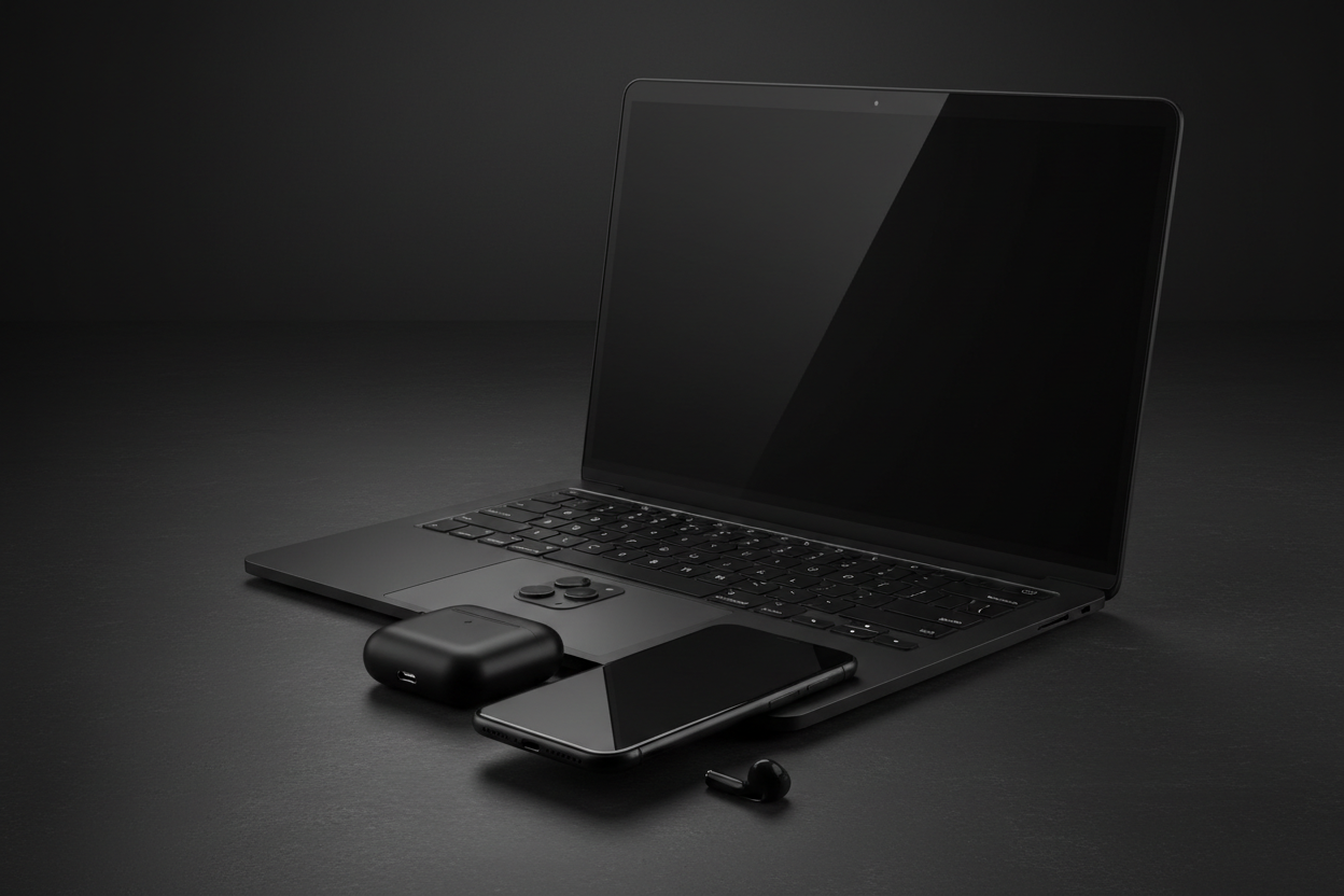 Black-themed MacBook, iPhone and AirPods
